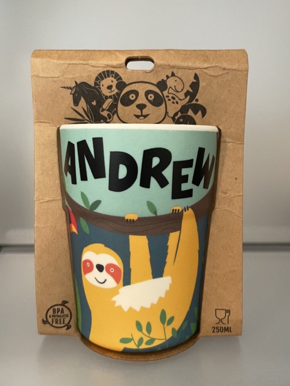 New Blue Panda Crew Bamboo Cup "Andrew" w/ Yellow & Orange Sloth
